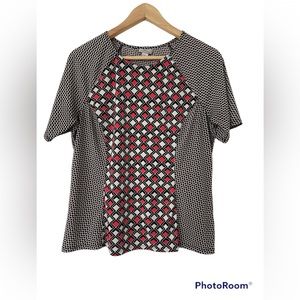 WORTHINGTON BLACK/WHITE/CORAL GEOMETRIC PATTERN BLOCKED TOP, LARGE